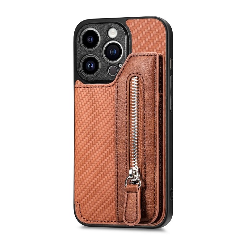 Carbon Fiber Horizontal Flip Zipper Wallet for iPhone 14 Pro
