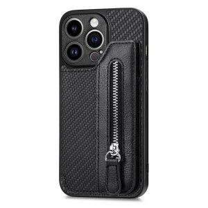 Carbon Fiber Horizontal Flip Zipper Wallet for iPhone 14