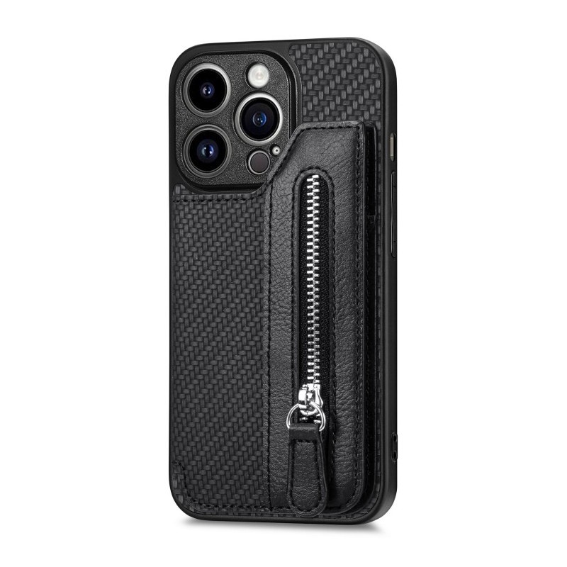 Carbon Fiber Horizontal Flip Zipper Wallet for iPhone 14