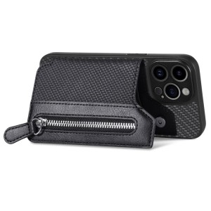 Carbon Fiber Horizontal Flip Zipper Wallet for iPhone 14