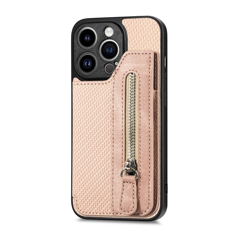 Carbon Fiber Horizontal Flip Zipper Wallet for iPhone 14