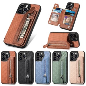Carbon Fiber Horizontal Flip Zipper Wallet for iPhone 14