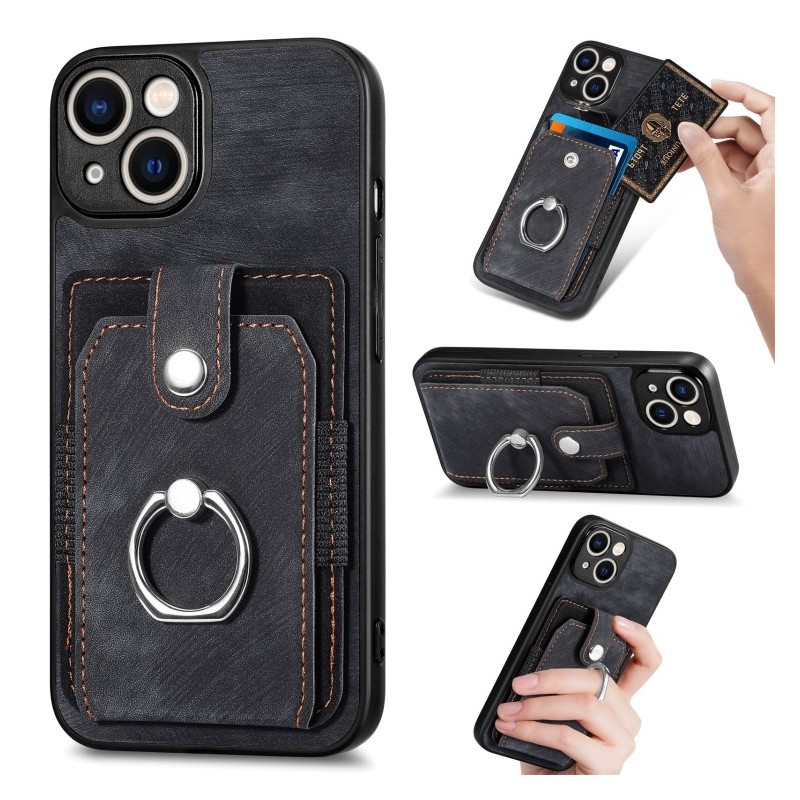 iPhone 14 Pro Retro Style Leather Card Wallet Case with Ring