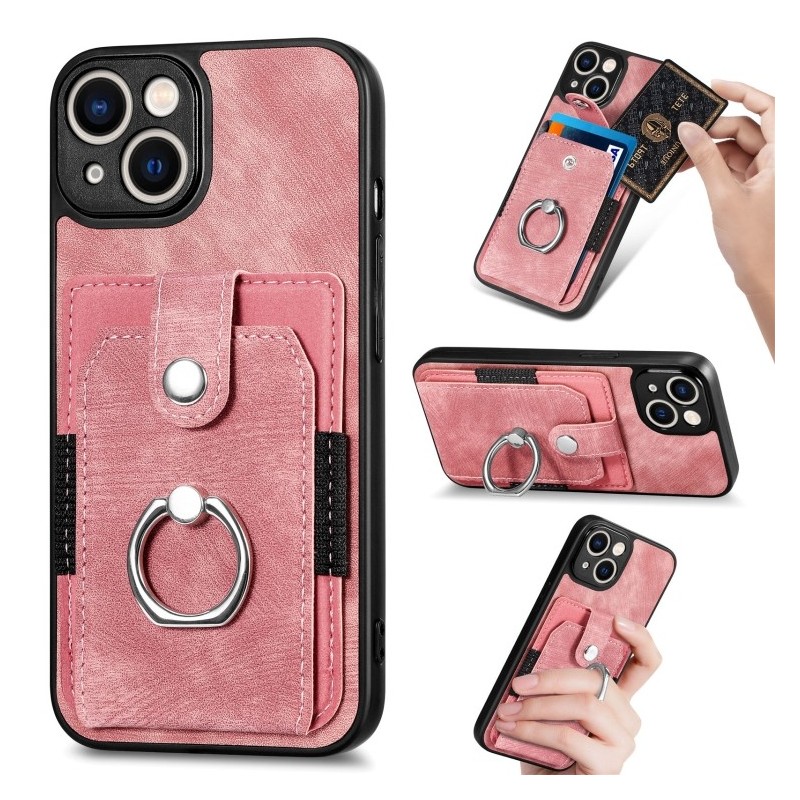 iPhone 14 Pro Retro Style Leather Card Wallet Case with Ring