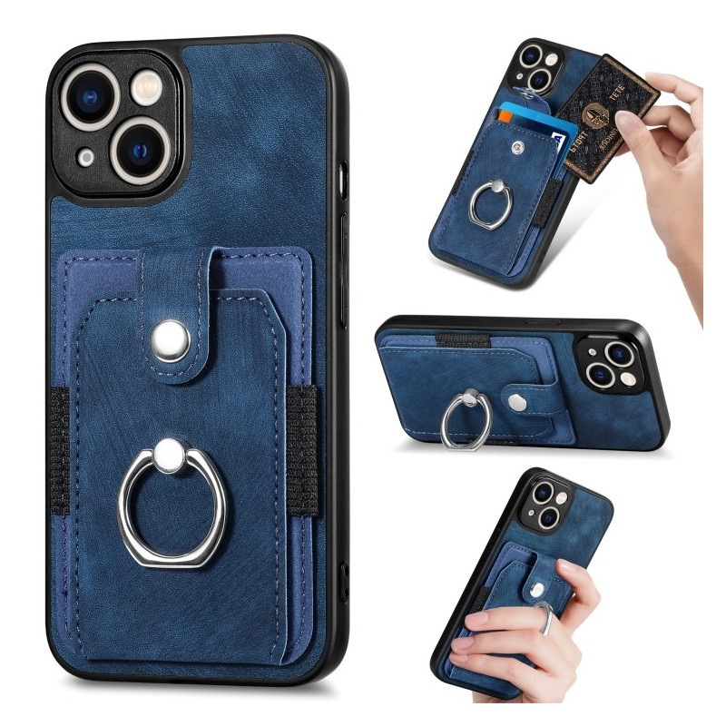 iPhone 14 Retro Style Leather Card Wallet Case with Ring