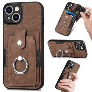 iPhone 14 Retro Style Leather Card Wallet Case with Ring