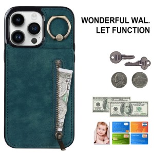 iPhone 14 Plus RFID Card Zipper Ring Holder Case