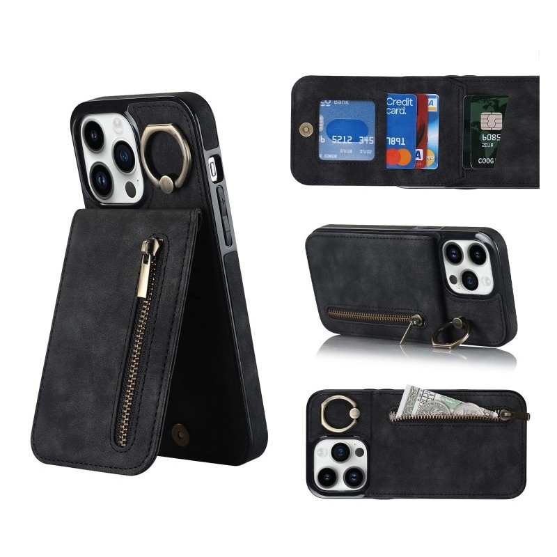iPhone 14 RFID Card Zipper Ring Holder Case